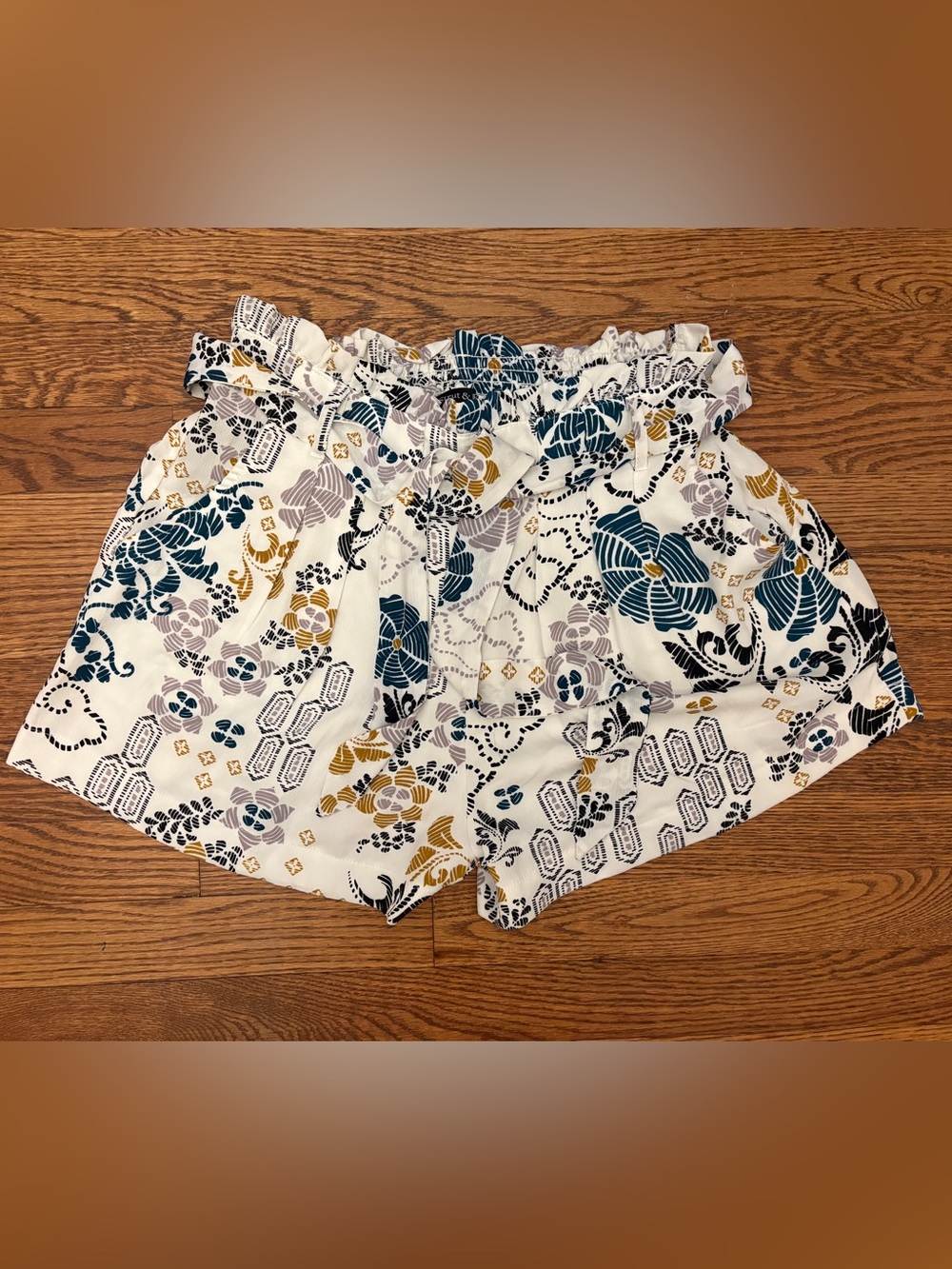 High-Waist Floral Paperbag Shorts in White with Blue & Mustard